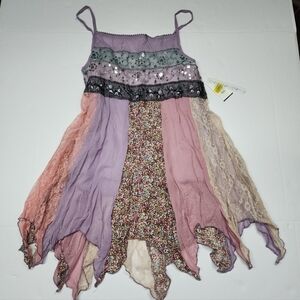 Celle Cami Top Babydoll Tank Sz L Y2K Patchwork Sequin Fairycore Boho Lace Flowy